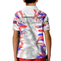 Kids white football polo shirt, back graphic text 'PILIPINAS' with red and blue pattern