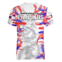 Women’s V-neck football T-shirt, white with red blue feather print and “PILIPINAS” text