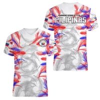 Women’s V-neck football T-shirt, white with red blue feather print and round Philippines crest