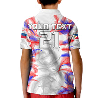 Kids football polo shirt back, white feather floral print with custom text and number