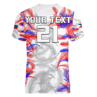 Women’s v-neck football t-shirt, white feather print with YOUR TEXT 21