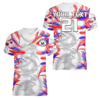 Women’s v-neck football t-shirts: feather print crest and YOUR TEXT 21