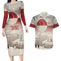 Greenland Flag Vintage Couples Matching Long Sleeve Bodycon Dress and Hawaiian Shirt Greenlander Flag With Polar Bear