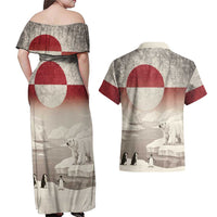 Greenland Flag Vintage Couples Matching Off Shoulder Maxi Dress and Hawaiian Shirt Greenlander Flag With Polar Bear