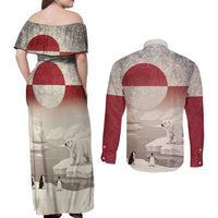 Greenland Flag Vintage Couples Matching Off Shoulder Maxi Dress and Long Sleeve Button Shirt Greenlander Flag With Polar Bear