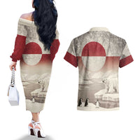 Greenland Flag Vintage Couples Matching Off The Shoulder Long Sleeve Dress and Hawaiian Shirt Greenlander Flag With Polar Bear