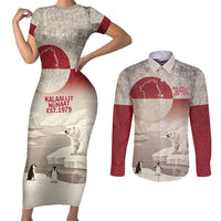 Greenland Flag Vintage Couples Matching Short Sleeve Bodycon Dress and Long Sleeve Button Shirt Greenlander Flag With Polar Bear