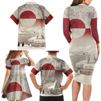 Greenland Flag Vintage Family Matching Long Sleeve Bodycon Dress and Hawaiian Shirt Greenlander Flag With Polar Bear
