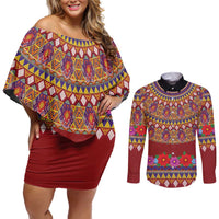 Greenland Costume Couples Matching Off Shoulder Short Dress and Long Sleeve Button Shirt Tradional Kalaallisuut Pattern