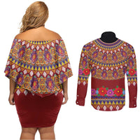 Greenland Costume Couples Matching Off Shoulder Short Dress and Long Sleeve Button Shirt Tradional Kalaallisuut Pattern