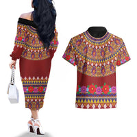 Greenland Costume Couples Matching Off The Shoulder Long Sleeve Dress and Hawaiian Shirt Tradional Kalaallisuut Pattern