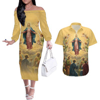 Assumption Virgin Mary to Heaven Couples Matching Off The Shoulder Long Sleeve Dress and Hawaiian Shirt Falling Asleep of the Mother of God - Wonder Print Shop