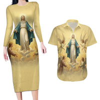 Blessed Virgin Mary Couples Matching Long Sleeve Bodycon Dress and Hawaiian Shirt Falling Asleep of the Mother of God - Wonder Print Shop