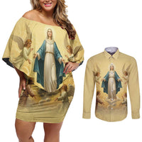 Blessed Virgin Mary Couples Matching Off Shoulder Short Dress and Long Sleeve Button Shirt Falling Asleep of the Mother of God - Wonder Print Shop