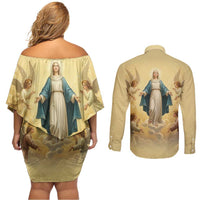Blessed Virgin Mary Couples Matching Off Shoulder Short Dress and Long Sleeve Button Shirt Falling Asleep of the Mother of God - Wonder Print Shop