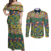Africa Tribal Mixed Pattern Couples Matching Off Shoulder Maxi Dress and Long Sleeve Button Shirt - Wonder Print Shop