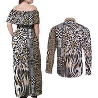 Africa Tribal Pattern Mixed Leopard Skin Couples Matching Off Shoulder Maxi Dress and Long Sleeve Button Shirt - Wonder Print Shop