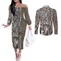 Africa Tribal Pattern Mixed Leopard Skin Couples Matching Off The Shoulder Long Sleeve Dress and Long Sleeve Button Shirt - Wonder Print Shop