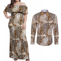 Wild Animal Skins Couples Matching Off Shoulder Maxi Dress and Long Sleeve Button Shirt Leopard Pattern - Wonder Print Shop