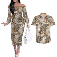 Wild Animal Skins Couples Matching Off The Shoulder Long Sleeve Dress and Hawaiian Shirt Leopard Pattern - Wonder Print Shop