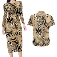 Wild Animal Skins Couples Matching Long Sleeve Bodycon Dress and Hawaiian Shirt Zebra Tiger Leopard Mix Skin - Wonder Print Shop