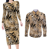 Wild Animal Skins Couples Matching Long Sleeve Bodycon Dress and Long Sleeve Button Shirt Zebra Tiger Leopard Mix Skin - Wonder Print Shop
