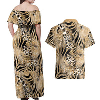 Wild Animal Skins Couples Matching Off Shoulder Maxi Dress and Hawaiian Shirt Zebra Tiger Leopard Mix Skin - Wonder Print Shop