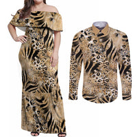 Wild Animal Skins Couples Matching Off Shoulder Maxi Dress and Long Sleeve Button Shirt Zebra Tiger Leopard Mix Skin - Wonder Print Shop