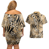Wild Animal Skins Couples Matching Off Shoulder Short Dress and Hawaiian Shirt Zebra Tiger Leopard Mix Skin - Wonder Print Shop