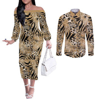 Wild Animal Skins Couples Matching Off The Shoulder Long Sleeve Dress and Long Sleeve Button Shirt Zebra Tiger Leopard Mix Skin - Wonder Print Shop