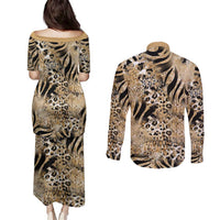 Wild Animal Skins Couples Matching Puletasi and Long Sleeve Button Shirt Zebra Tiger Leopard Mix Skin - Wonder Print Shop
