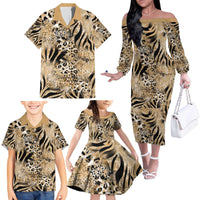 Wild Animal Skins Family Matching Off The Shoulder Long Sleeve Dress and Hawaiian Shirt Zebra Tiger Leopard Mix Skin - Wonder Print Shop