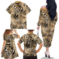 Wild Animal Skins Family Matching Off The Shoulder Long Sleeve Dress and Hawaiian Shirt Zebra Tiger Leopard Mix Skin - Wonder Print Shop