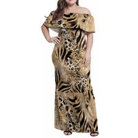 Wild Animal Skins Family Matching Off Shoulder Maxi Dress and Hawaiian Shirt Zebra Tiger Leopard Mix Skin - Wonder Print Shop