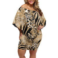 Wild Animal Skins Family Matching Off Shoulder Short Dress and Hawaiian Shirt Zebra Tiger Leopard Mix Skin - Wonder Print Shop