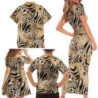 Wild Animal Skins Family Matching Short Sleeve Bodycon Dress and Hawaiian Shirt Zebra Tiger Leopard Mix Skin - Wonder Print Shop