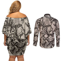Wild Animal Skins Couples Matching Off Shoulder Short Dress and Long Sleeve Button Shirt Snake and Crocodile Mix Skin - Wonder Print Shop
