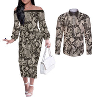 Wild Animal Skins Couples Matching Off The Shoulder Long Sleeve Dress and Long Sleeve Button Shirt Snake and Crocodile Mix Skin - Wonder Print Shop