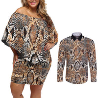 Wild Animal Skins Couples Matching Off Shoulder Short Dress and Long Sleeve Button Shirt Vintage Snake Skin Pattern - Wonder Print Shop