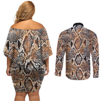 Wild Animal Skins Couples Matching Off Shoulder Short Dress and Long Sleeve Button Shirt Vintage Snake Skin Pattern - Wonder Print Shop