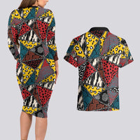 Wild Animal Skins Couples Matching Long Sleeve Bodycon Dress and Hawaiian Shirt Triangles Pattern Afro Pattern Style - Wonder Print Shop