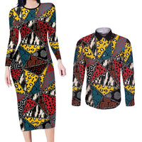 Wild Animal Skins Couples Matching Long Sleeve Bodycon Dress and Long Sleeve Button Shirt Triangles Pattern Afro Pattern Style - Wonder Print Shop
