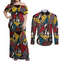 Wild Animal Skins Couples Matching Off Shoulder Maxi Dress and Long Sleeve Button Shirt Triangles Pattern Afro Pattern Style - Wonder Print Shop