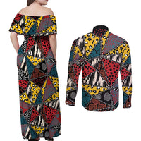 Wild Animal Skins Couples Matching Off Shoulder Maxi Dress and Long Sleeve Button Shirt Triangles Pattern Afro Pattern Style - Wonder Print Shop