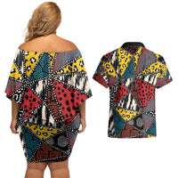 Wild Animal Skins Couples Matching Off Shoulder Short Dress and Hawaiian Shirt Triangles Pattern Afro Pattern Style - Wonder Print Shop