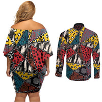 Wild Animal Skins Couples Matching Off Shoulder Short Dress and Long Sleeve Button Shirt Triangles Pattern Afro Pattern Style - Wonder Print Shop