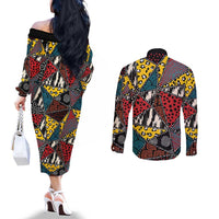 Wild Animal Skins Couples Matching Off The Shoulder Long Sleeve Dress and Long Sleeve Button Shirt Triangles Pattern Afro Pattern Style - Wonder Print Shop