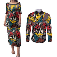 Wild Animal Skins Couples Matching Puletasi and Long Sleeve Button Shirt Triangles Pattern Afro Pattern Style - Wonder Print Shop