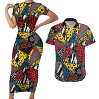 Wild Animal Skins Couples Matching Short Sleeve Bodycon Dress and Hawaiian Shirt Triangles Pattern Afro Pattern Style - Wonder Print Shop