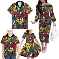 Wild Animal Skins Family Matching Off The Shoulder Long Sleeve Dress and Hawaiian Shirt Triangles Pattern Afro Pattern Style - Wonder Print Shop